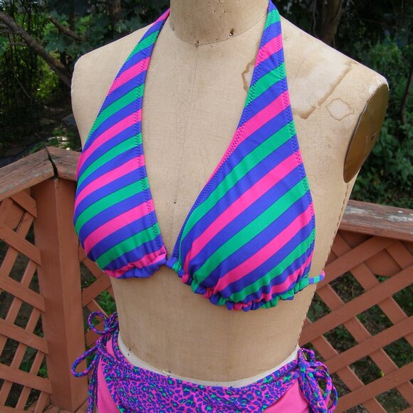 NEW size L/XL Xhilaration Reversible 2pc Swim Suit Animal Print/Striped Hot Pink - Picture 7 of 9